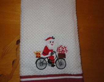 Santa on Bike - Embroidered Cotton Kitchen Towel - Christmas Kitchen Towel - Choice of Towel Color - Free Shipping