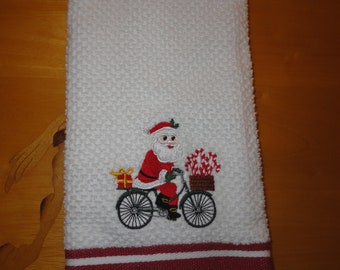 Santa on Bike - Embroidered Cotton Kitchen Towel - Christmas Kitchen Towel - Choice of Towel Color