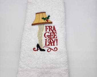 Leg Lamp FrageeLay on White Embroidered Hand Towel - Face Towel -  Ready To Ship