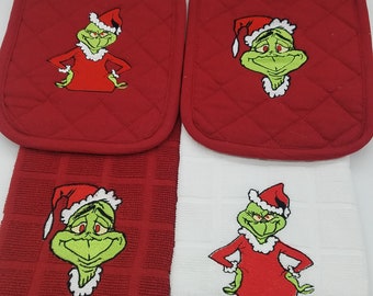 4 Piece Embroidered Kitchen Towel Set - Grinch - Order as sets or individually - Free Shipping