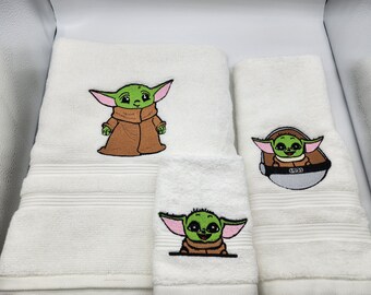 Baby Yoda on White 3 Piece Embroidered Towel Set - Bath Towel, Hand Towel and Washcloth - Ready To Ship