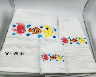 Colorful Fish Trio Embroidered Towels - Pick Size of Set & Towel Color - Bath Sheet, Bath Towel, Hand Towel, Washcloth - Free Shipping