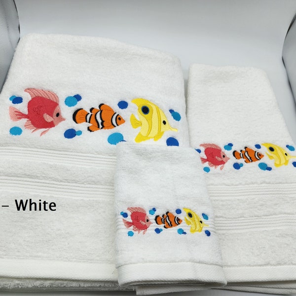 Colorful Fish Trio Embroidered Towels - Pick Size of Set & Towel Color - Bath Sheet, Bath Towel, Hand Towel, Washcloth - Free Shipping