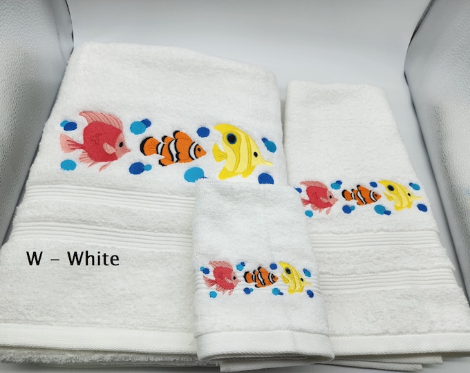 Featured listing image: Colorful Fish Trio Embroidered Towels - Pick Size of Set & Towel Color - Bath Sheet, Bath Towel, Hand Towel, Washcloth
