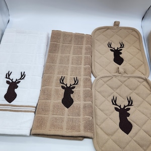4 Stück handgestickte Küchenhandtücher Set - Hirsch Buck - als Set oder einzeln bestellen