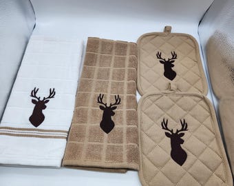 4 Piece Embroidered Kitchen Towel Set - Deer Buck- Order as sets or individually