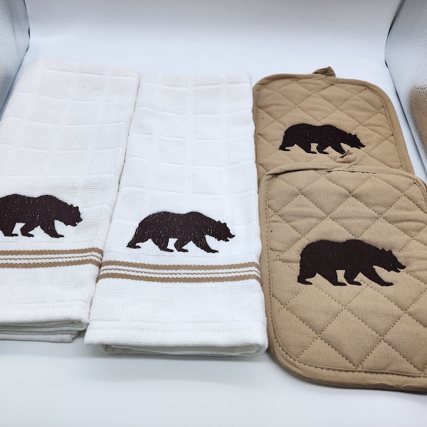 4 Piece Embroidered Kitchen Towel Set - Bear - Order as sets or individually - Free Shipping