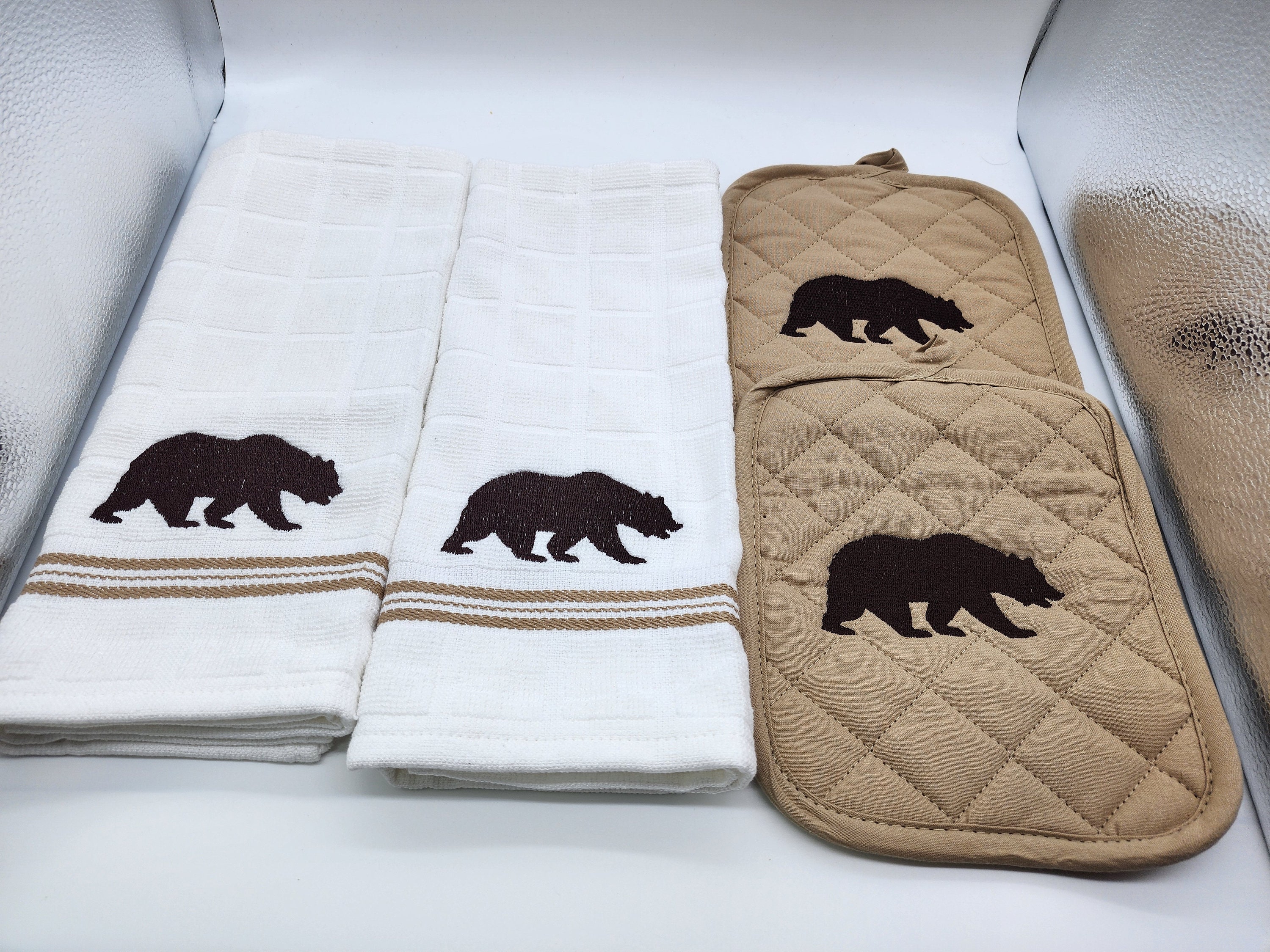 4 Piece Embroidered Kitchen Towel Set Bear Order as Sets or Individually  Free Shipping 