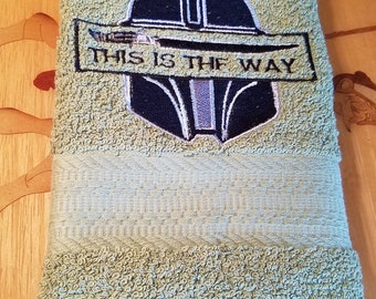 In Stock - Ready To Ship - Mandalorian This is the Way on Moss Green Embroidered Hand Towel - Free Shipping