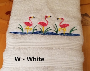 Pink Flamingo - Embroidered Hand Towel - Face Towel - Decorated Towel - Pick Your Color of Towel