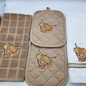 Set di 4 asciugamani da cucina ricamati - Highland Cow - Ordina in set o singolarmente