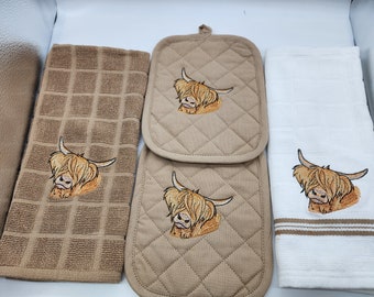 4 Piece Embroidered Kitchen Towel Set - Highland Cow - Order as sets or individually