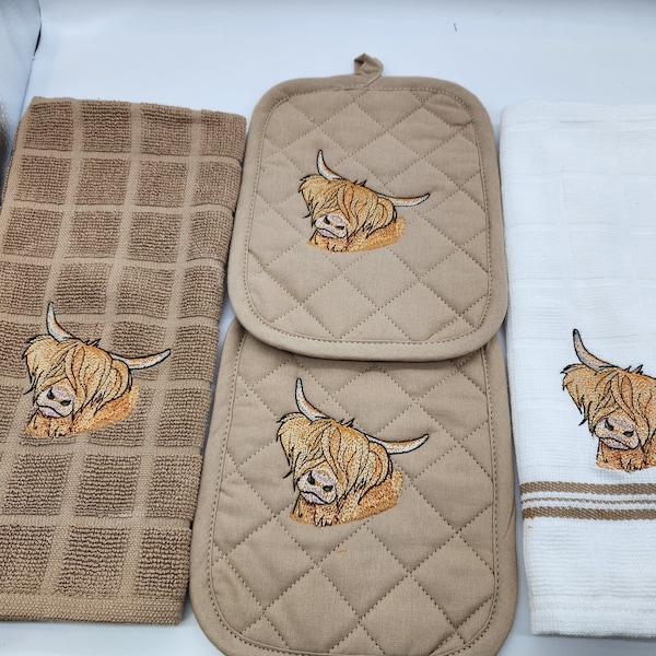 4 Piece Embroidered Kitchen Towel Set - Highland Cow - Order as sets or individually - Free Shipping