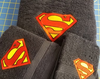 Superman on Navy Blue  - 3 Piece Embroidered Towel Set - Bath Towel, Hand Towel and Washcloth - Ready To Ship
