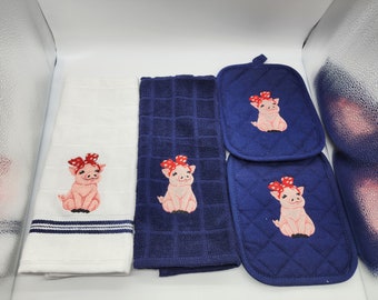 4 Piece Embroidered Kitchen Towel Set - Pigs in Bandana - Order as sets or individually - Free Shipping
