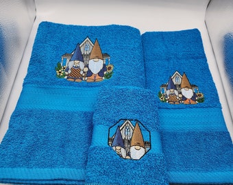 Ma & Pa Gnome on Turquoise - 3 Piece Embroidered Towel Set - Bath Towel, Hand Towel and Washcloth