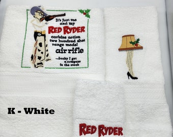 Christmas Story Embroidered Towels - Choose Your Size of Set & Color of Towel * Bath Sheet, Bath Towel, Hand Towel and Washcloth Available