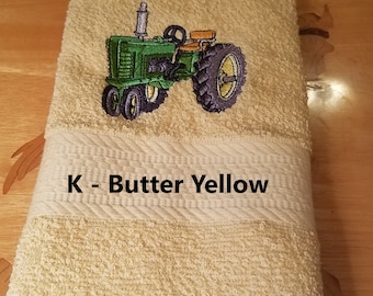 Embroidered Hand Towel - Green Tractor - John Deere - Choice of Towel Color - Order One or More - Face Towel - FREE SHIPPING