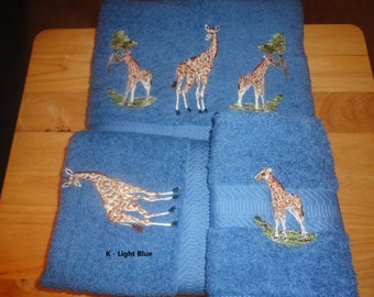 Giraffe - Embroidered Towels - Bath Towel, Hand Towel and Washcloth - Order Set or Individually - Free Shipping