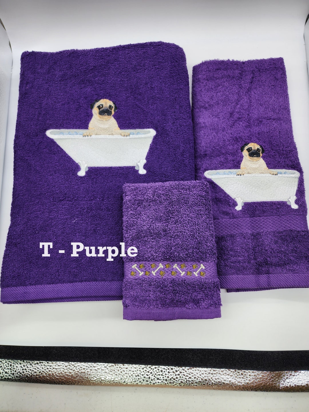 Pug in A Tub Embroidered Towels Choose Your Size of Set & Color of