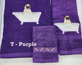 Pug in A Tub Embroidered Towels - Choose Your Size of Set & Color of Towel * Bath Sheet, Bath Towel, Hand Towel and Washcloth Available