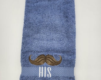His Moustache on Blue - Embroidered Hand Towel - Face Towel - In Stock - Ready To Ship