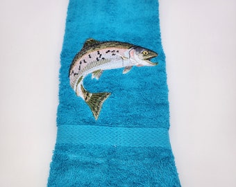 In Stock - Ready To Ship - Trout on Turquoise - Embroidered Hand Towel - Free Shipping