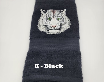 White Tiger - Embroidered Hand Towel - Pick Color of Towel - Order One or More -  Free Shipping