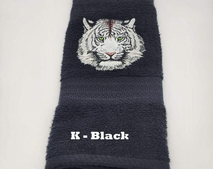 Featured listing image: White Tiger - Embroidered Hand Towel - Pick Color of Towel - Order One or More