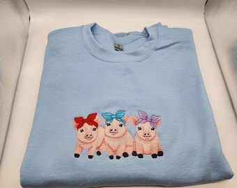 Three Little Pigs in Bandanas on Light Blue Embroidered Sweatshirt - XL - Ready To Ship