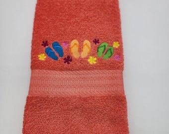 In Stock - Ready To Ship -Flip Flops on Peach Embroidered Hand Towel - Face Towel -  Free Shipping