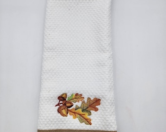 Fall Leaves and Acorns - Embroidered Cotton Kitchen Towel