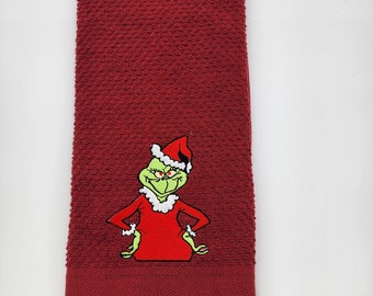 Grinch on Red Embroidered Cotton Kitchen Towel - Free Shipping - Ready To Ship