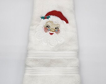 Santa on White Embroidered Hand Towel - Ready To Ship - Free Shipping