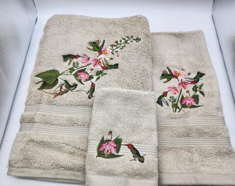 Hummingbirds on Beige - 3 Piece Embroidered Towel Set - Bath Towel, Hand Towel and Washcloth - In Stock