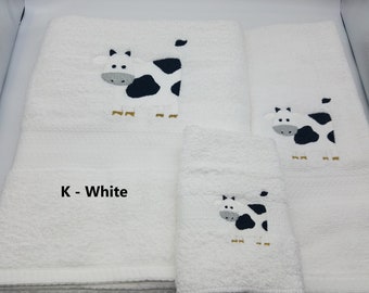Cow Embroidered Towels - Choose Your Size of Set and Color of Towel - Bath Sheet, Bath Towel, Hand Towel & Washcloth