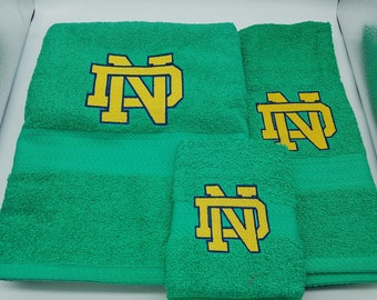 Ready To Ship - Notre Dame on Green - 3 Piece Embroidered Towel Set - Bath Towel, Hand Towel and Washcloth