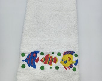 Colorful Fish Trio on White Embroidered Hand Towel