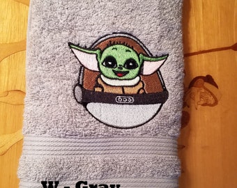 Baby Yoda - Embroidered Hand Towels - Bathroom Decor - Choose Color of Towel - Order One or More