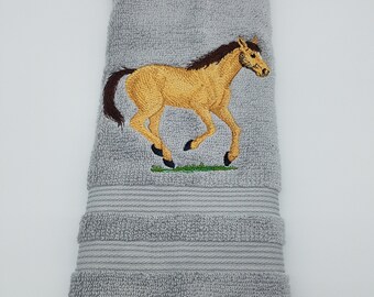 Tan Horse on Silver Gray Embroidered Hand Towel - Face Towel -  Free Shipping