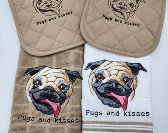 Pugs and Kisses - 4 Piece Embroidered Kitchen Towel Set - Order as sets or individually