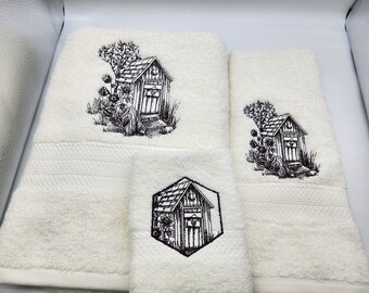 In Stock - Ready To Ship - Outhouse Outline on Ivory - Embroidered 3 Piece Bath Set - Bath Towel, Hand Towel & Washcloth