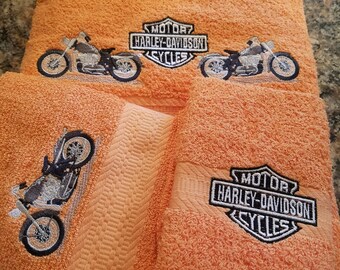 Black Harley on Orange - 3 Piece Embroidered Towel Set - Bath Towel, Hand Towel and Washcloth - Ready To Ship