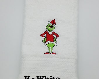 Embroidered Hand Towel - Grinch Full Body Hands on Hips - Order One or More - Pick Color of Towel - Free Shipping