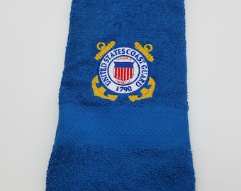 In Stock - Ready To Ship - Military - Coast Guard on Light Blue - Embroidered Hand Towel - Free Shipping