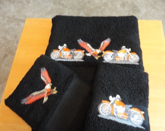 Motorcycles/Eagle - Embroidered Towels - Order Set or Individually - Pick Your Towel Color - Bath Sheet, Bath Towel, Hand Towel & Washcloth