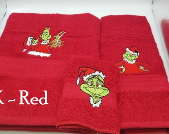 Grinch & Max  - Embroidered Bath Towel Set - Bath Towel, Hand Towel and Washcloth - FREE SHIPPING - Order Set or Individually