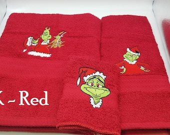 Grinch & Max  - Embroidered Bath Towel Set - Bath Towel, Hand Towel and Washcloth  - Order Set or Individually