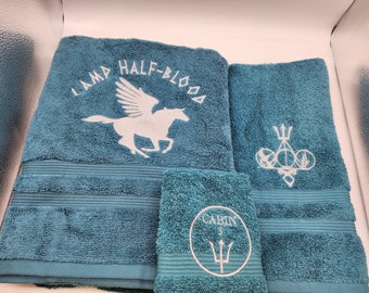 Ready To Ship - Percy Jackson on Turquoise - 3 Piece Embroidered Towel Set - Bath Sheet, Hand Towel and Washcloth