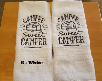 Camper Sweet Camper - Embroidered Hand Towels - Order One or More - Pick Your Towel Color - Bathroom Decor - Free Shipping